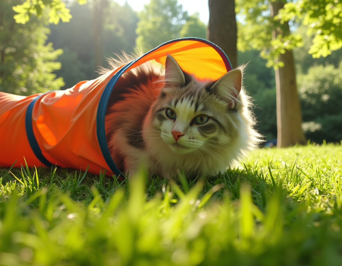 Cat explores a colorful play tunnel in a lively garden, its curious expression capturing the playful moment.